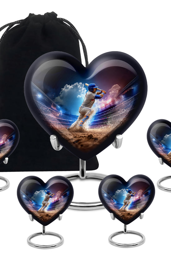 Dusty Blue Baseball Cremation Urn close-up of engraving and surface detail - heart-shaped baseball design symbolizing eternal love - memorial set with one large and four small urns