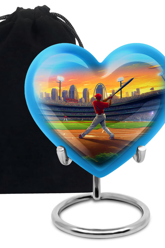 Antique Gold Baseball Cremation Urn detail view - heart-shaped baseball design symbolizing eternal love - full-size 10 inch 200 cubic inch adult cremation urn