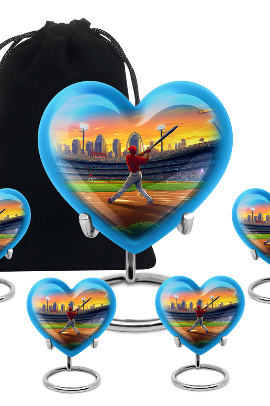 Champagne Gold Baseball Cremation Urn close-up of engraving and surface detail - heart-shaped baseball design symbolizing eternal love - memorial set with one large and four small urns