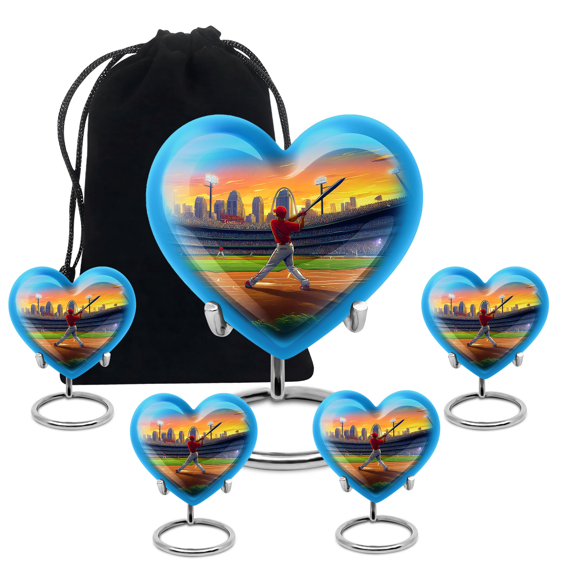 Champagne Gold Baseball Cremation Urn close-up of engraving and surface detail - heart-shaped baseball design symbolizing eternal love - memorial set with one large and four small urns
