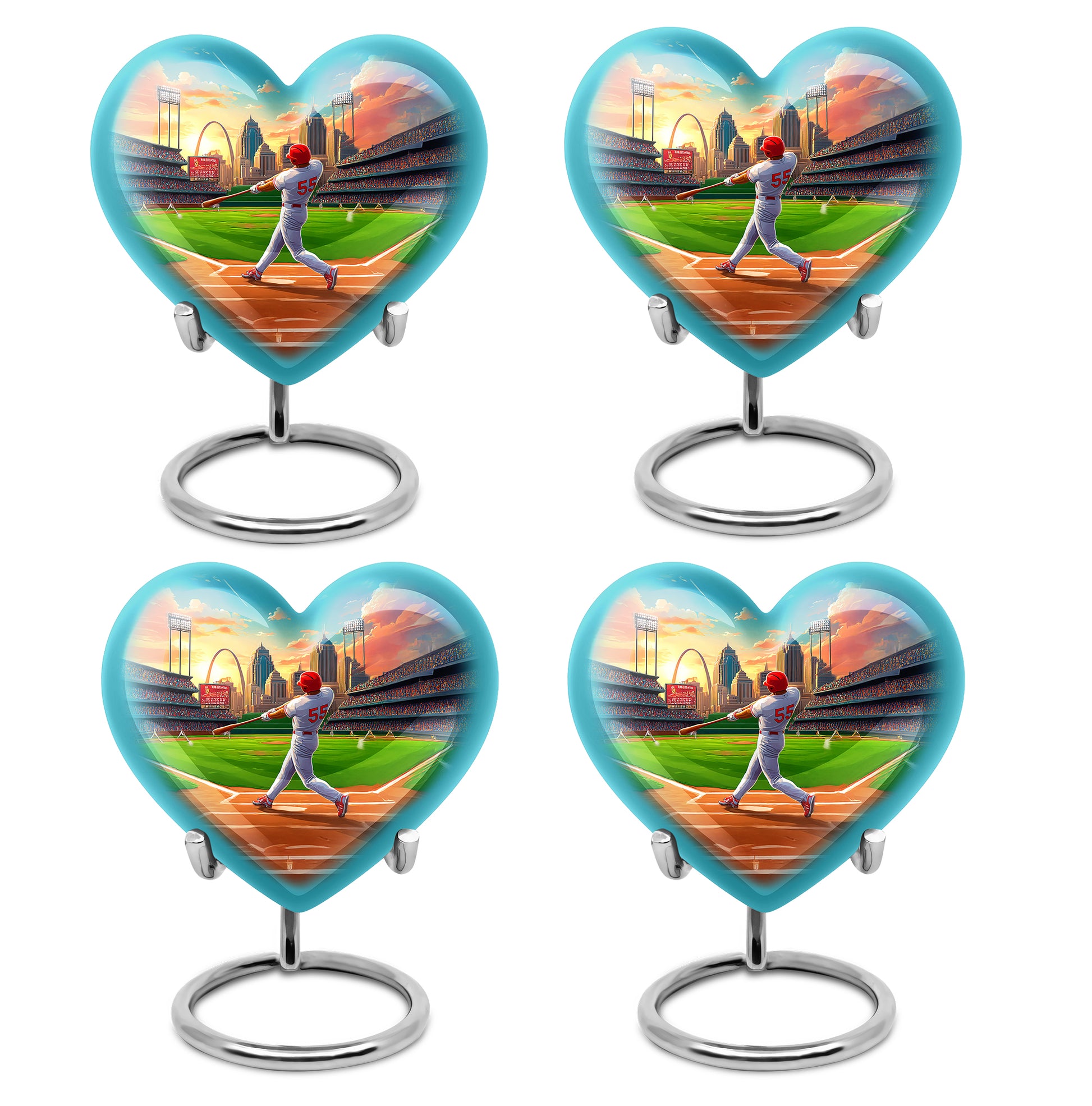 Calming Blue Baseball Cremation Urn angled view of lid and engraved motif - romantic heart urn with baseball motif on aluminum - 10 inch aluminum urn for cremated remains