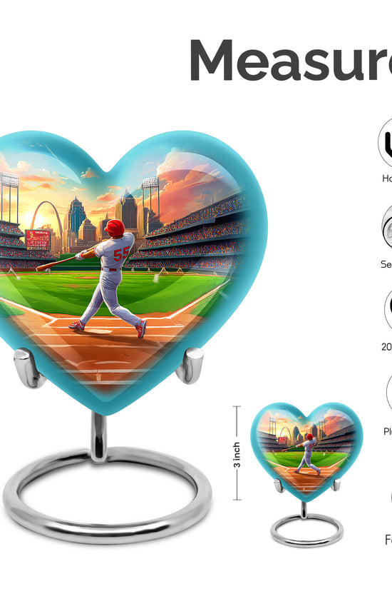 Calming Blue Baseball Cremation Urn front view showing detailed design - romantic heart urn with baseball motif on aluminum - mini keepsake memorial for portion of cremation ashes