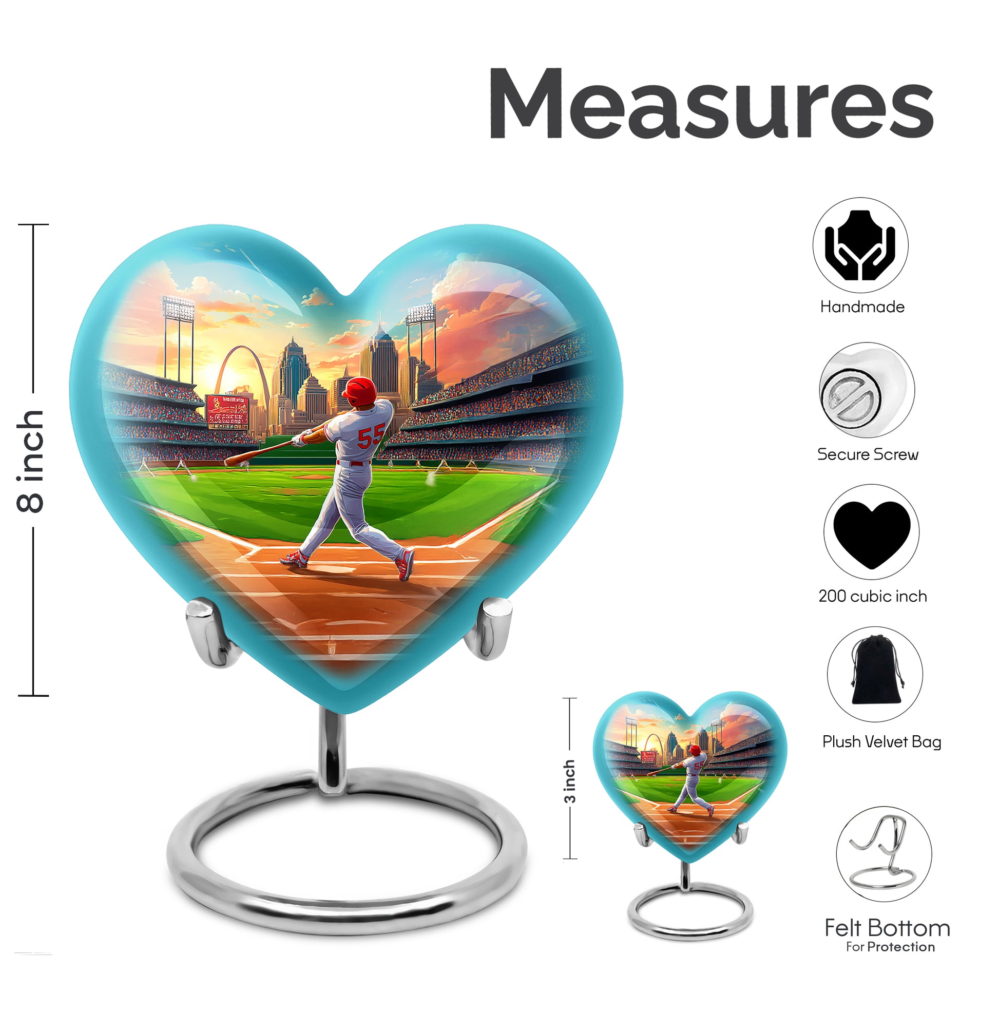 Calming Blue Baseball Cremation Urn front view showing detailed design - romantic heart urn with baseball motif on aluminum - mini keepsake memorial for portion of cremation ashes