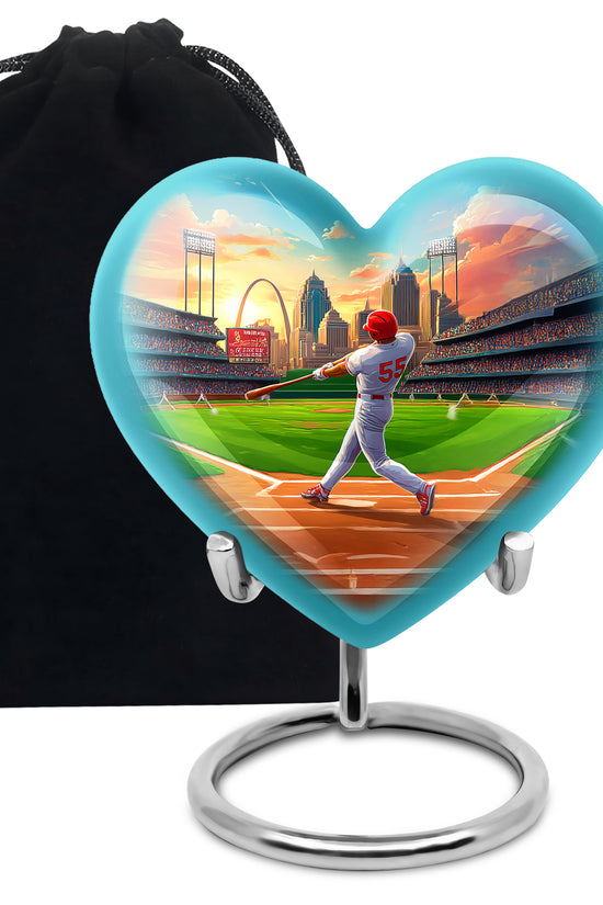 Powder Blue Baseball Cremation Urn detail view - loving heart memorial featuring baseball pattern - full-size 10 inch 200 cubic inch adult cremation urn