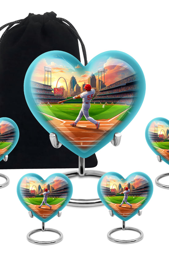 Powder Blue Baseball Cremation Urn close-up of engraving and surface detail - heart-shaped baseball design symbolizing eternal love - memorial set with one large and four small urns
