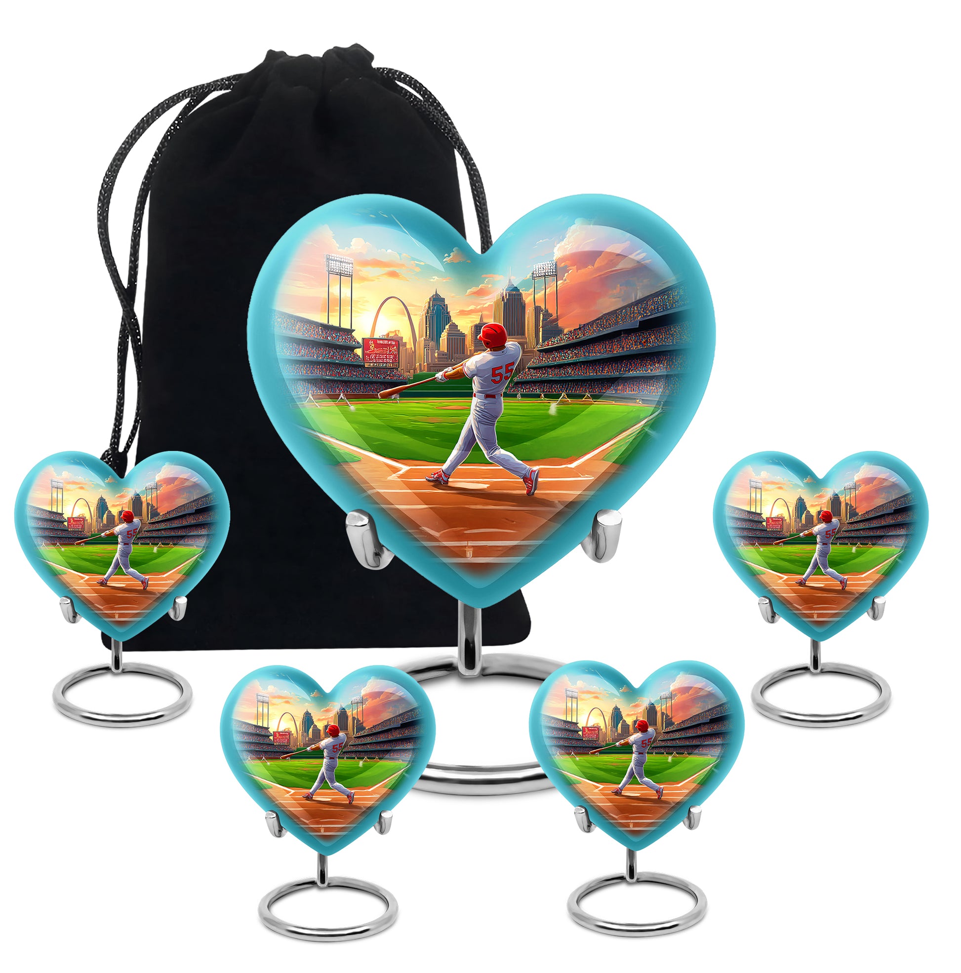 Powder Blue Baseball Cremation Urn close-up of engraving and surface detail - heart-shaped baseball design symbolizing eternal love - memorial set with one large and four small urns