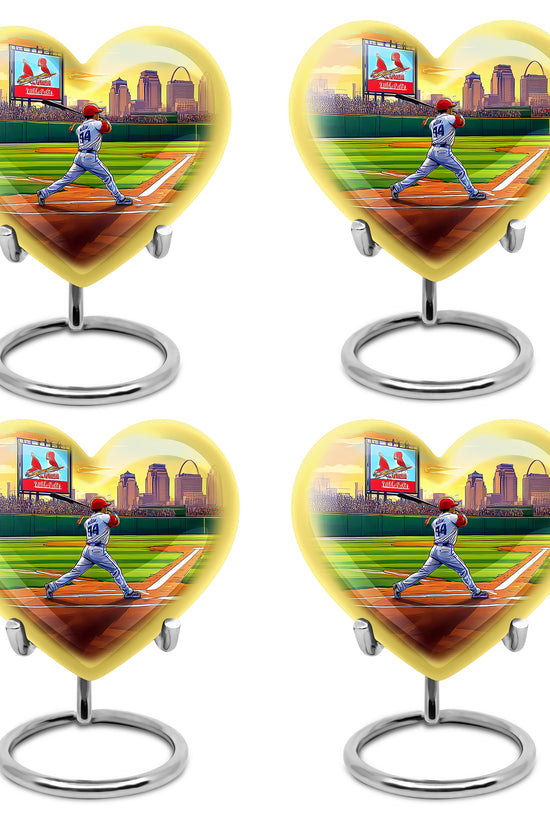 Sage Green Baseball Cremation Urn angled view of lid and engraved motif - heart-shaped baseball design symbolizing eternal love - 10 inch aluminum urn for cremated remains