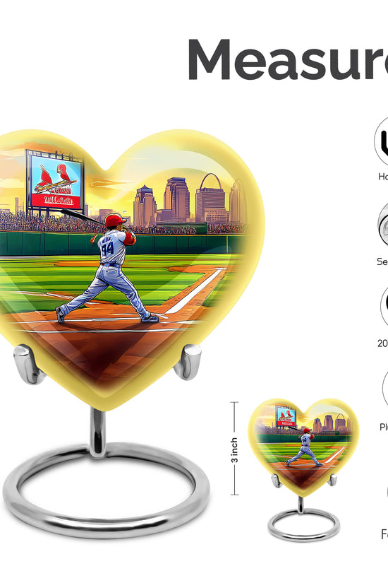 Verdant Green Baseball Cremation Urn front view showing detailed design - heart-shaped baseball design symbolizing eternal love - mini keepsake memorial for portion of cremation ashes