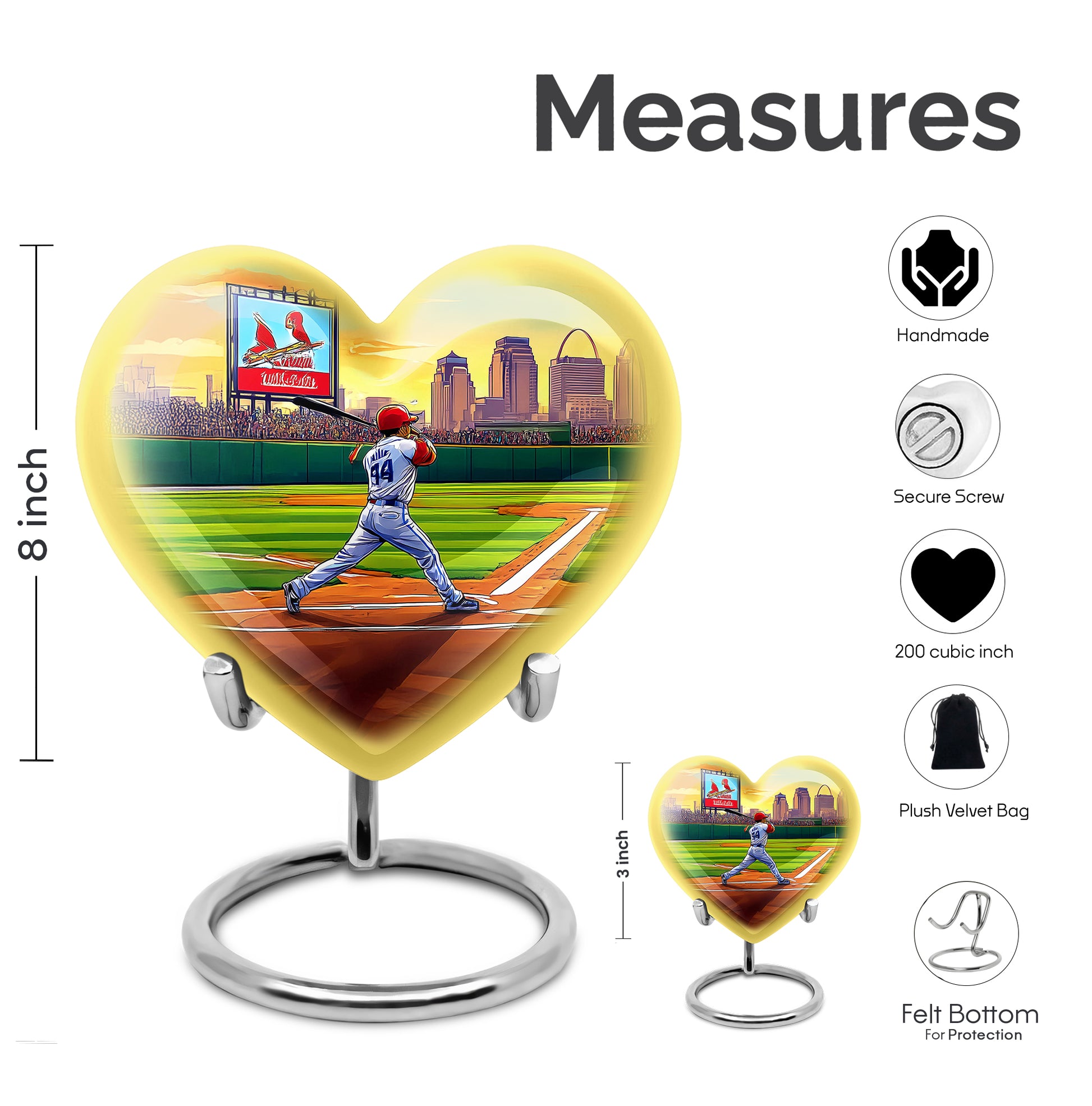 Verdant Green Baseball Cremation Urn front view showing detailed design - heart-shaped baseball design symbolizing eternal love - mini keepsake memorial for portion of cremation ashes