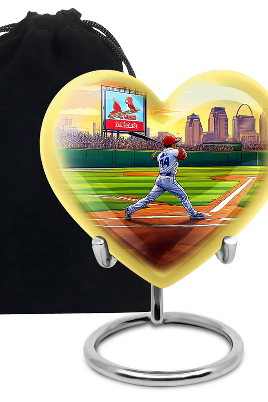 Emerald Green Baseball Cremation Urn detail view - heart-shaped baseball design symbolizing eternal love - full-size 10 inch 200 cubic inch adult cremation urn