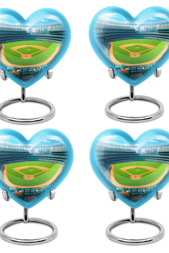Steel Blue Baseball Cremation Urn angled view of lid and engraved motif - compassionate heart-baseball combination with gentle curves - 10 inch aluminum urn for cremated remains