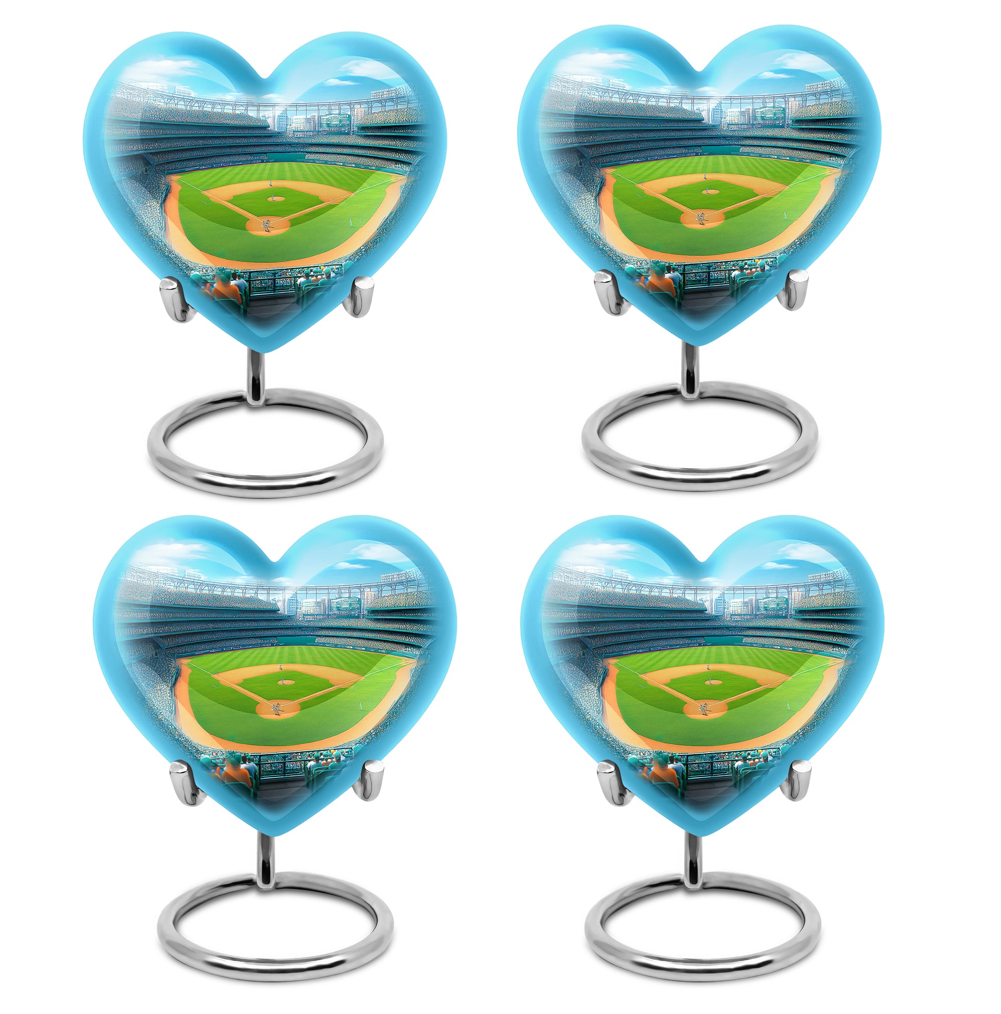 Steel Blue Baseball Cremation Urn angled view of lid and engraved motif - compassionate heart-baseball combination with gentle curves - 10 inch aluminum urn for cremated remains