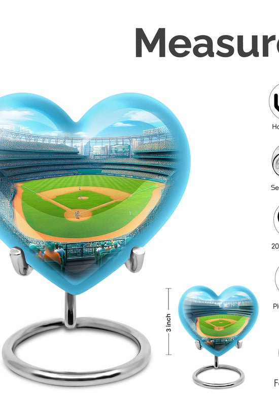 Pastel Blue Baseball Cremation Urn front view showing detailed design - heart-shaped baseball design symbolizing eternal love - mini keepsake memorial for portion of cremation ashes