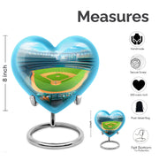Pastel Blue Baseball Cremation Urn front view showing detailed design - heart-shaped baseball design symbolizing eternal love - mini keepsake memorial for portion of cremation ashes