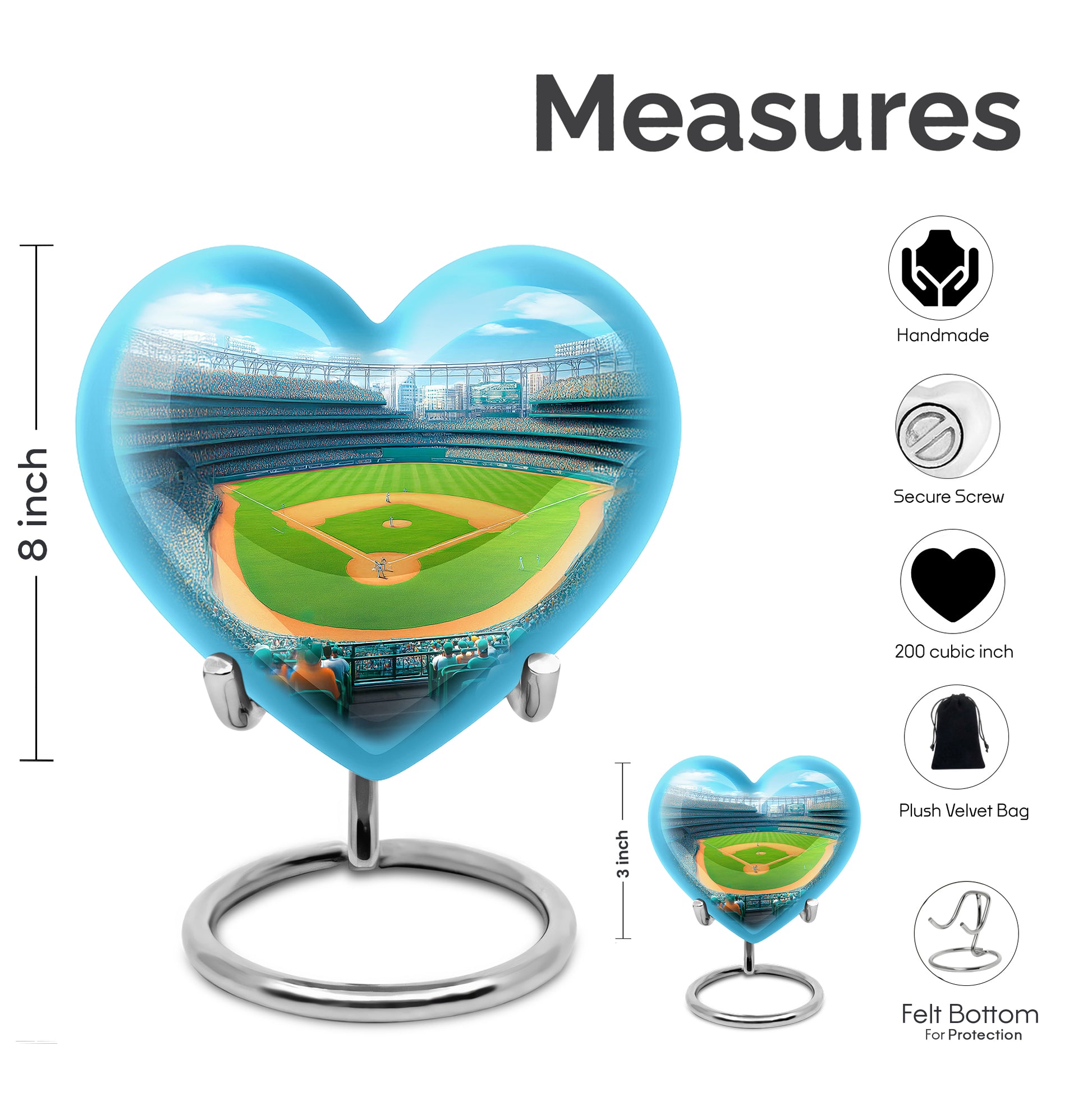 Pastel Blue Baseball Cremation Urn front view showing detailed design - heart-shaped baseball design symbolizing eternal love - mini keepsake memorial for portion of cremation ashes