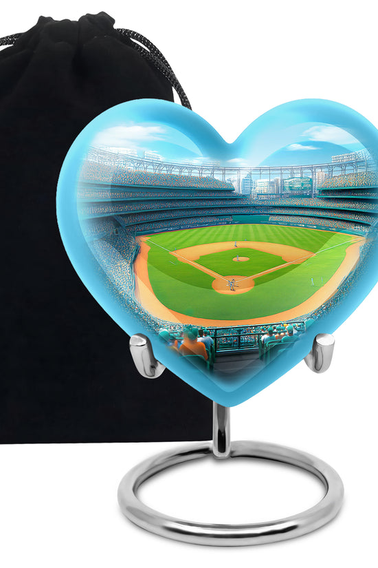 Bright Blue Baseball Cremation Urn detail view - romantic heart urn with baseball motif on aluminum - full-size 10 inch 200 cubic inch adult cremation urn