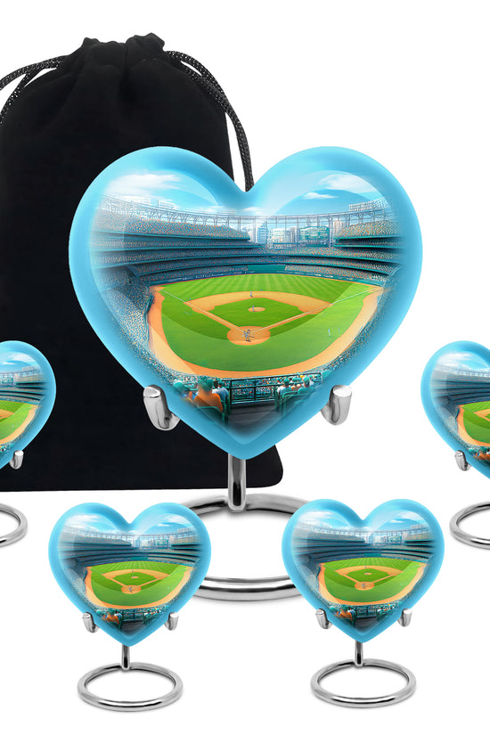 Navy Blue Baseball Cremation Urn close-up of engraving and surface detail - loving heart memorial featuring baseball pattern - memorial set with one large and four small urns