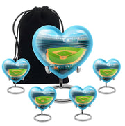 Navy Blue Baseball Cremation Urn close-up of engraving and surface detail - loving heart memorial featuring baseball pattern - memorial set with one large and four small urns