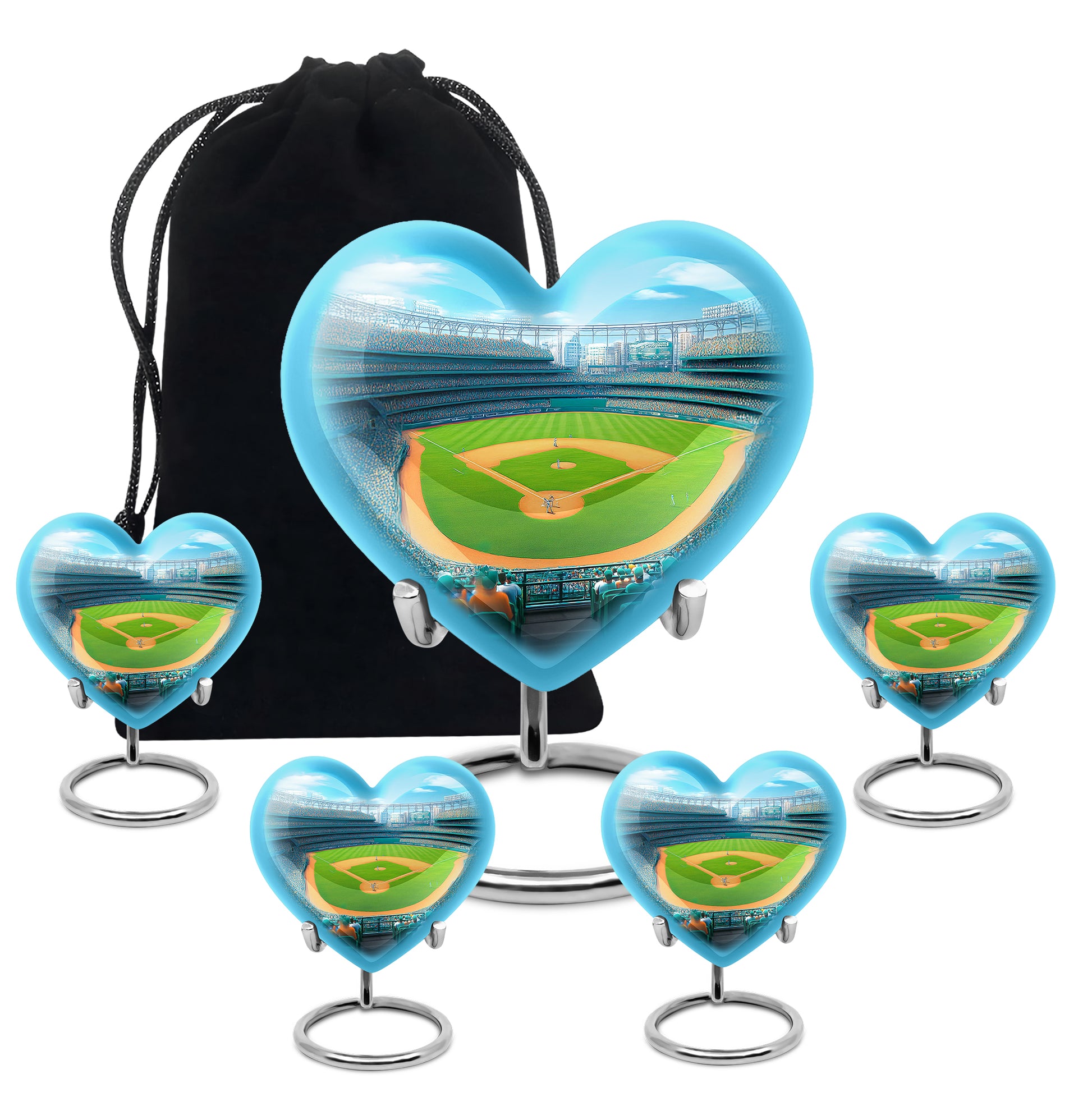 Navy Blue Baseball Cremation Urn close-up of engraving and surface detail - loving heart memorial featuring baseball pattern - memorial set with one large and four small urns