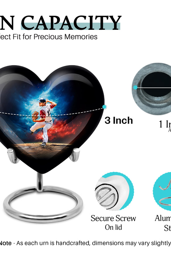 Steel Blue Baseball Cremation Urn front view showing detailed design - compassionate heart-baseball combination with gentle curves - mini keepsake memorial for portion of cremation ashes