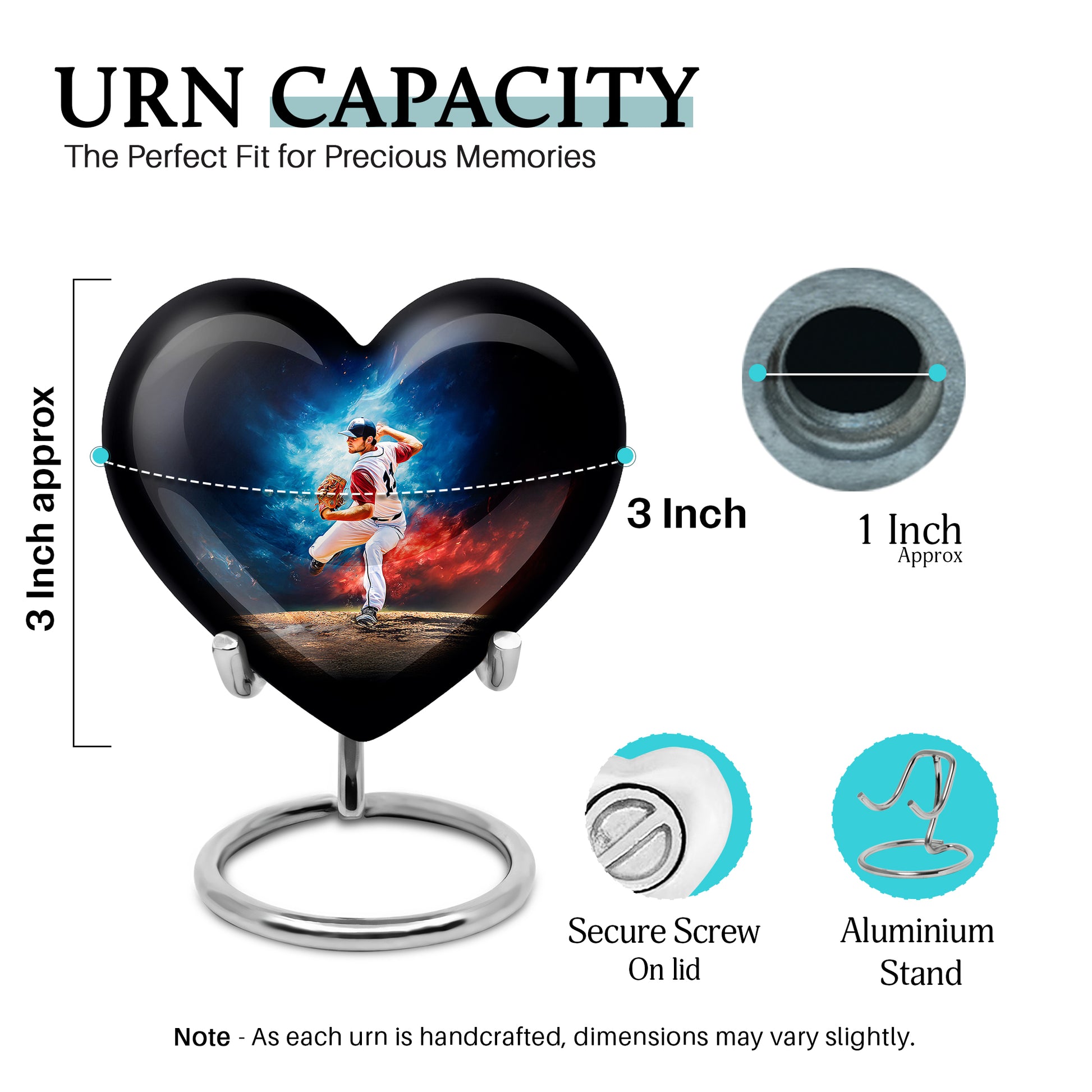 Steel Blue Baseball Cremation Urn front view showing detailed design - compassionate heart-baseball combination with gentle curves - mini keepsake memorial for portion of cremation ashes