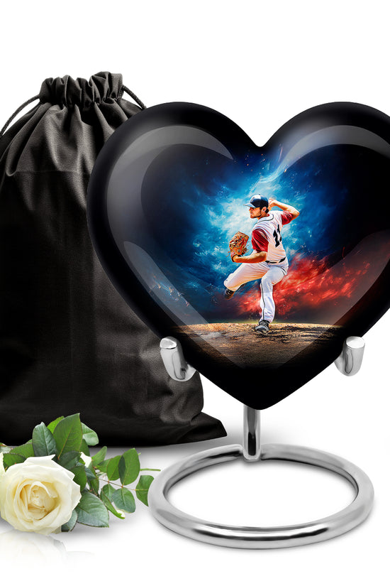 Twilight Blue Baseball Cremation Urn detail view - compassionate heart-baseball combination with gentle curves - full-size 10 inch 200 cubic inch adult cremation urn