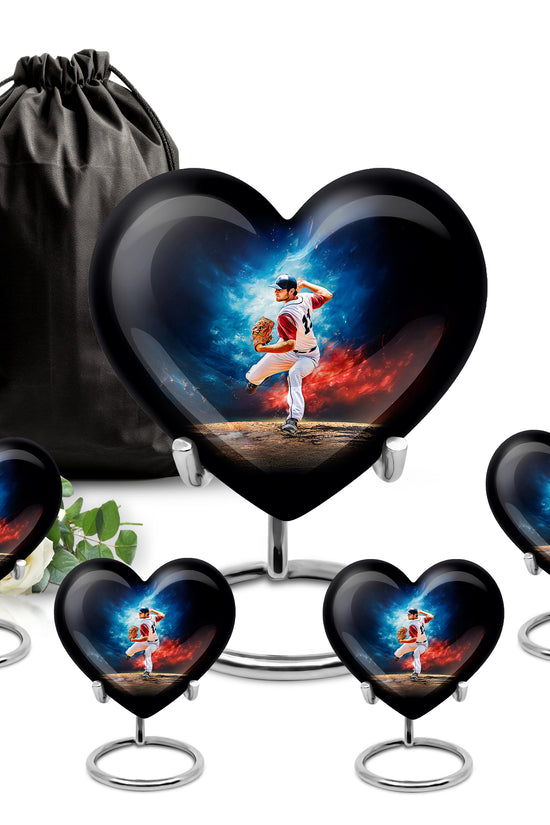 Sapphire Blue Baseball Cremation Urn close-up of engraving and surface detail - romantic heart urn with baseball motif on aluminum - memorial set with one large and four small urns