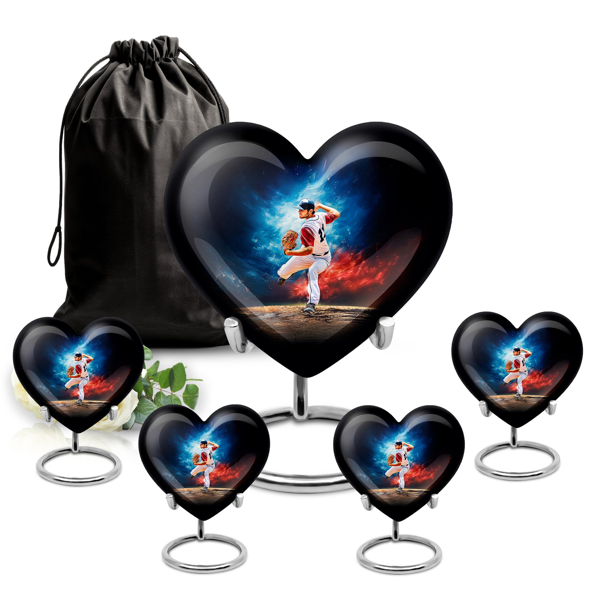 Sapphire Blue Baseball Cremation Urn close-up of engraving and surface detail - romantic heart urn with baseball motif on aluminum - memorial set with one large and four small urns