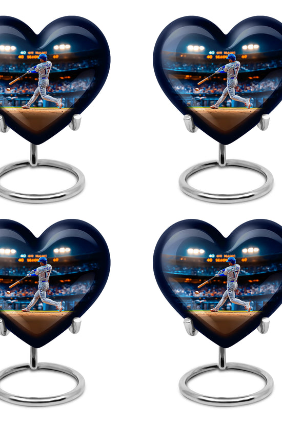 Soft Blue Baseball Cremation Urn angled view of lid and engraved motif - compassionate heart-baseball combination with gentle curves - 10 inch aluminum urn for cremated remains