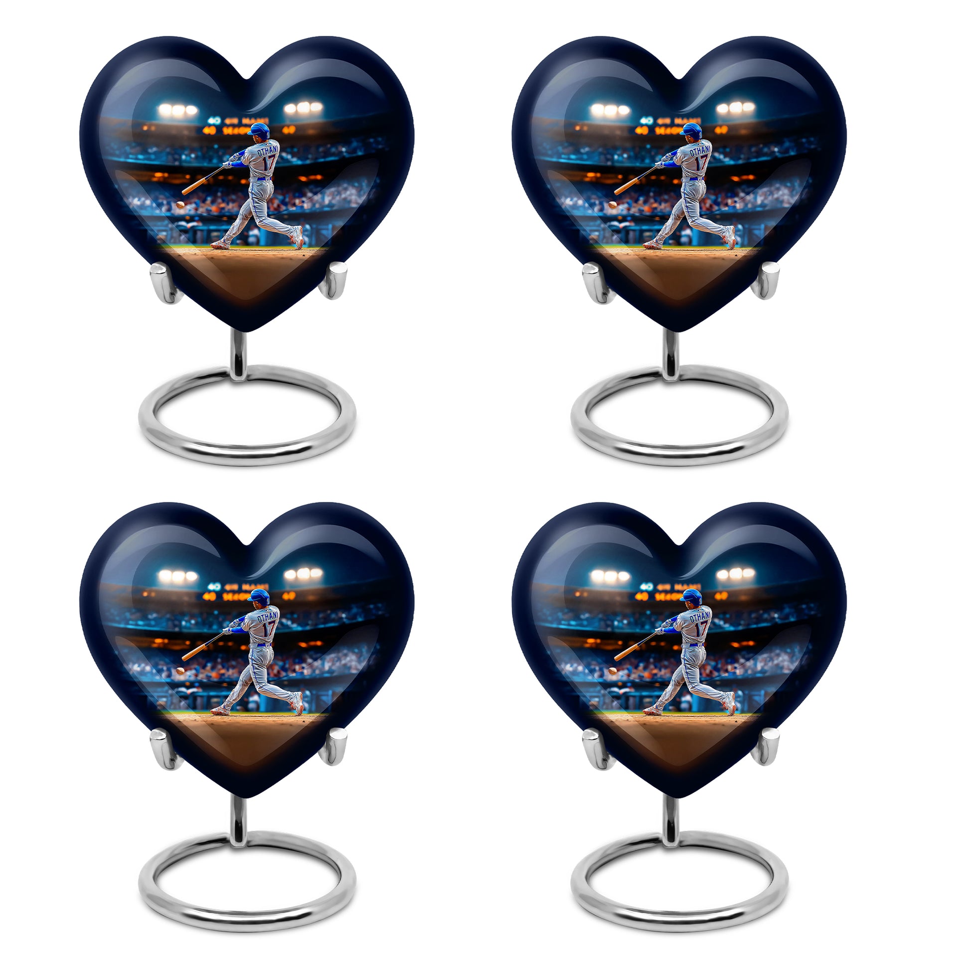 Soft Blue Baseball Cremation Urn angled view of lid and engraved motif - compassionate heart-baseball combination with gentle curves - 10 inch aluminum urn for cremated remains