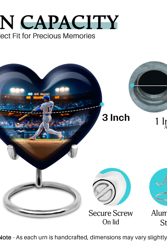 Twilight Blue Baseball Cremation Urn front view showing detailed design - compassionate heart-baseball combination with gentle curves - mini keepsake memorial for portion of cremation ashes