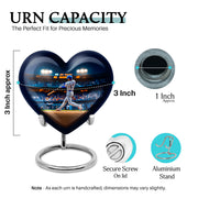 Twilight Blue Baseball Cremation Urn front view showing detailed design - compassionate heart-baseball combination with gentle curves - mini keepsake memorial for portion of cremation ashes