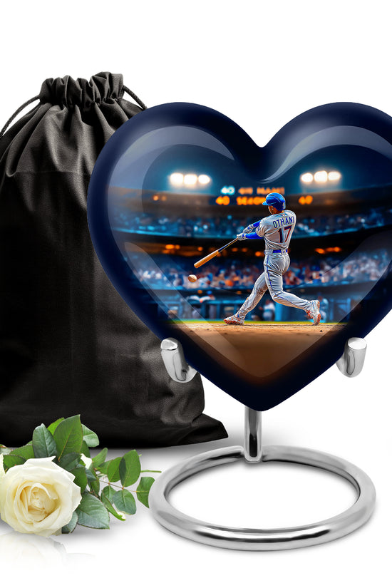 Celestial Blue Baseball Cremation Urn detail view - loving heart memorial featuring baseball pattern - full-size 10 inch 200 cubic inch adult cremation urn