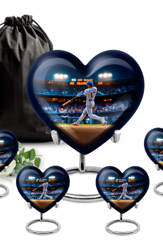 Vivid Blue Baseball Cremation Urn close-up of engraving and surface detail - compassionate heart-baseball combination with gentle curves - memorial set with one large and four small urns
