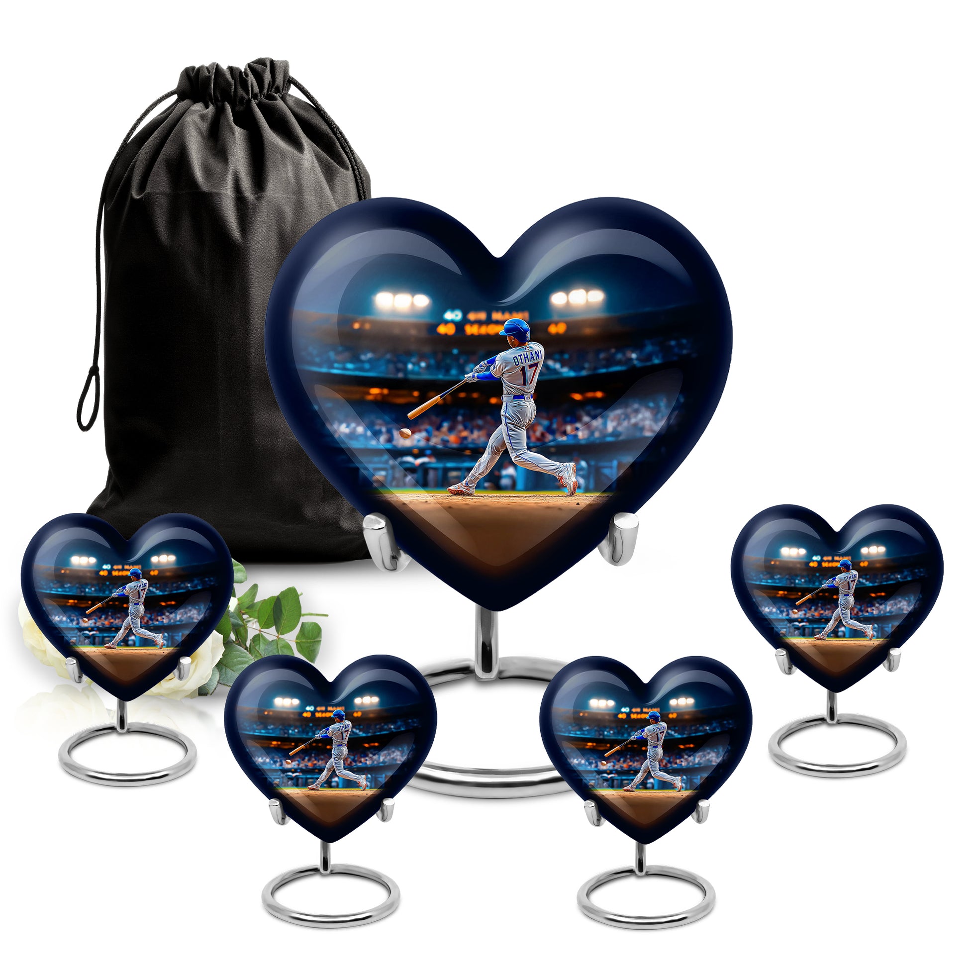 Vivid Blue Baseball Cremation Urn close-up of engraving and surface detail - compassionate heart-baseball combination with gentle curves - memorial set with one large and four small urns