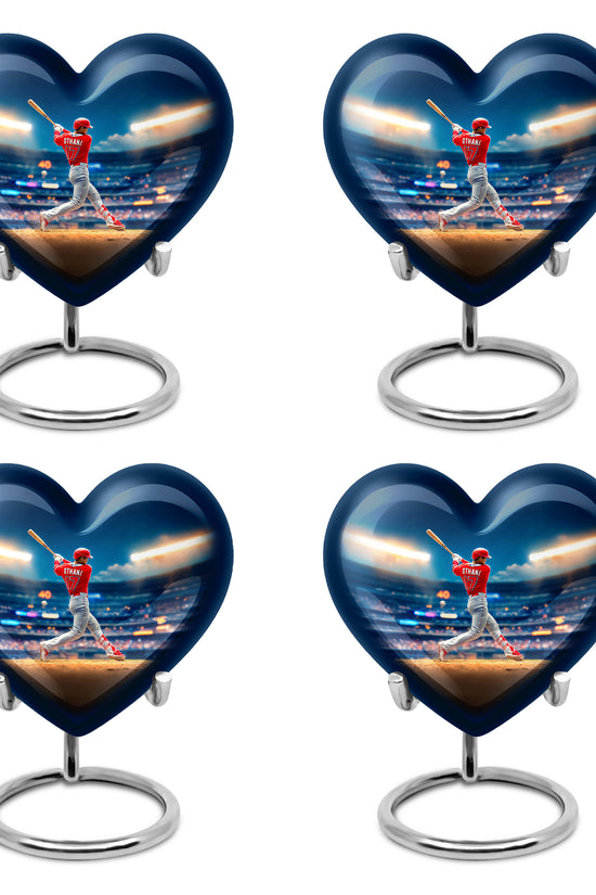 Serene Blue Baseball Cremation Urn angled view of lid and engraved motif - compassionate heart-baseball combination with gentle curves - 10 inch aluminum urn for cremated remains