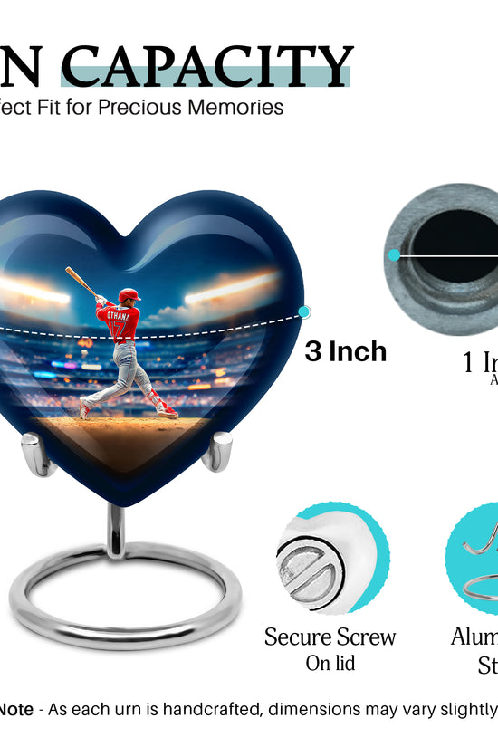 Powder Blue Baseball Cremation Urn front view showing detailed design - heart-shaped baseball design symbolizing eternal love - mini keepsake memorial for portion of cremation ashes