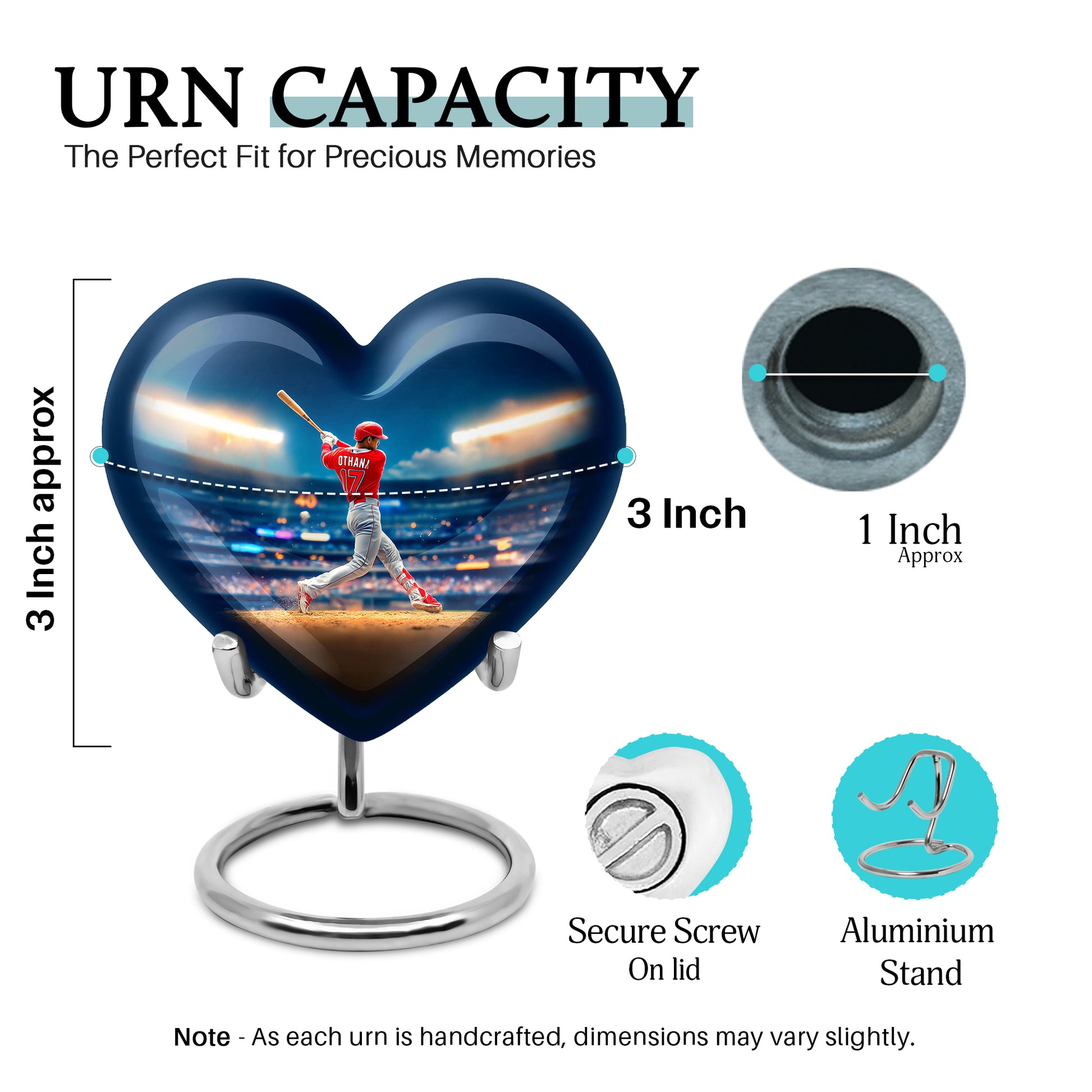 Powder Blue Baseball Cremation Urn front view showing detailed design - heart-shaped baseball design symbolizing eternal love - mini keepsake memorial for portion of cremation ashes