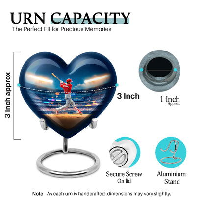 Powder Blue Baseball Cremation Urn front view showing detailed design - heart-shaped baseball design symbolizing eternal love - mini keepsake memorial for portion of cremation ashes