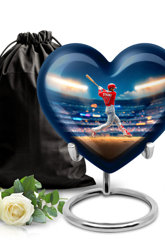 Celestial Blue Baseball Cremation Urn detail view - loving heart memorial featuring baseball pattern - full-size 10 inch 200 cubic inch adult cremation urn