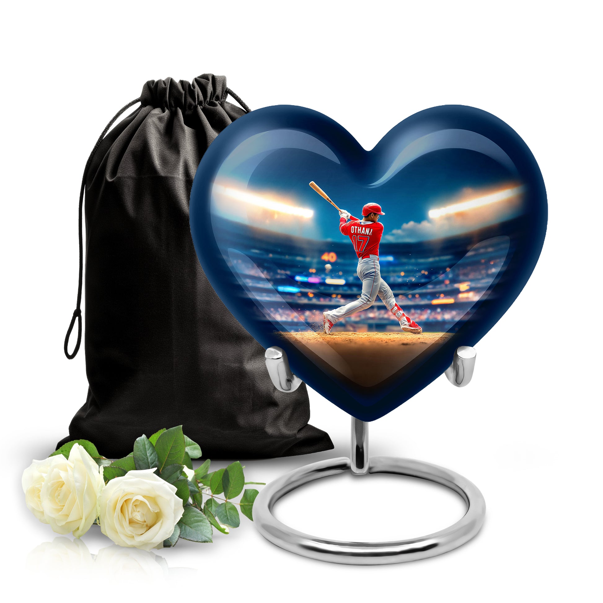 Celestial Blue Baseball Cremation Urn detail view - loving heart memorial featuring baseball pattern - full-size 10 inch 200 cubic inch adult cremation urn