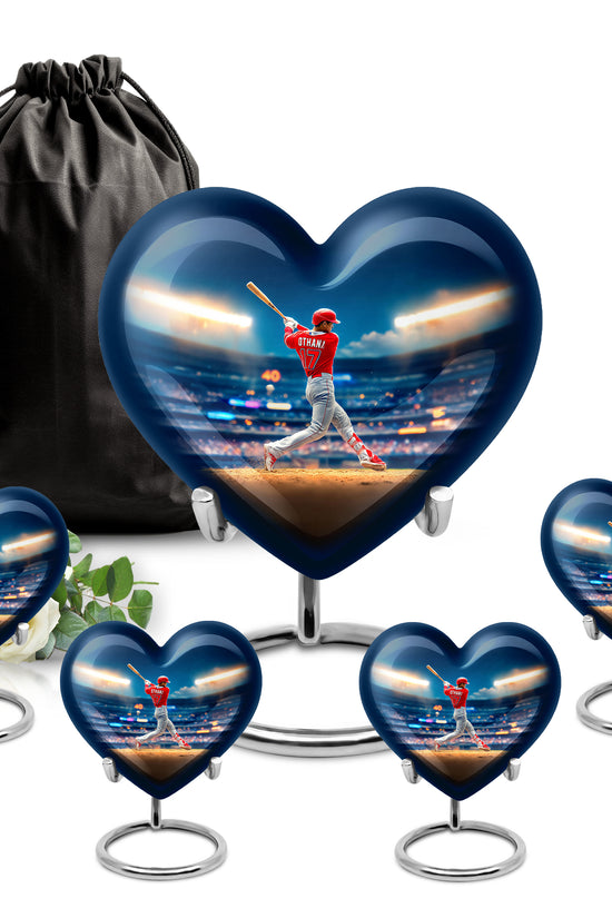 Icy Blue Baseball Cremation Urn close-up of engraving and surface detail - loving heart memorial featuring baseball pattern - memorial set with one large and four small urns