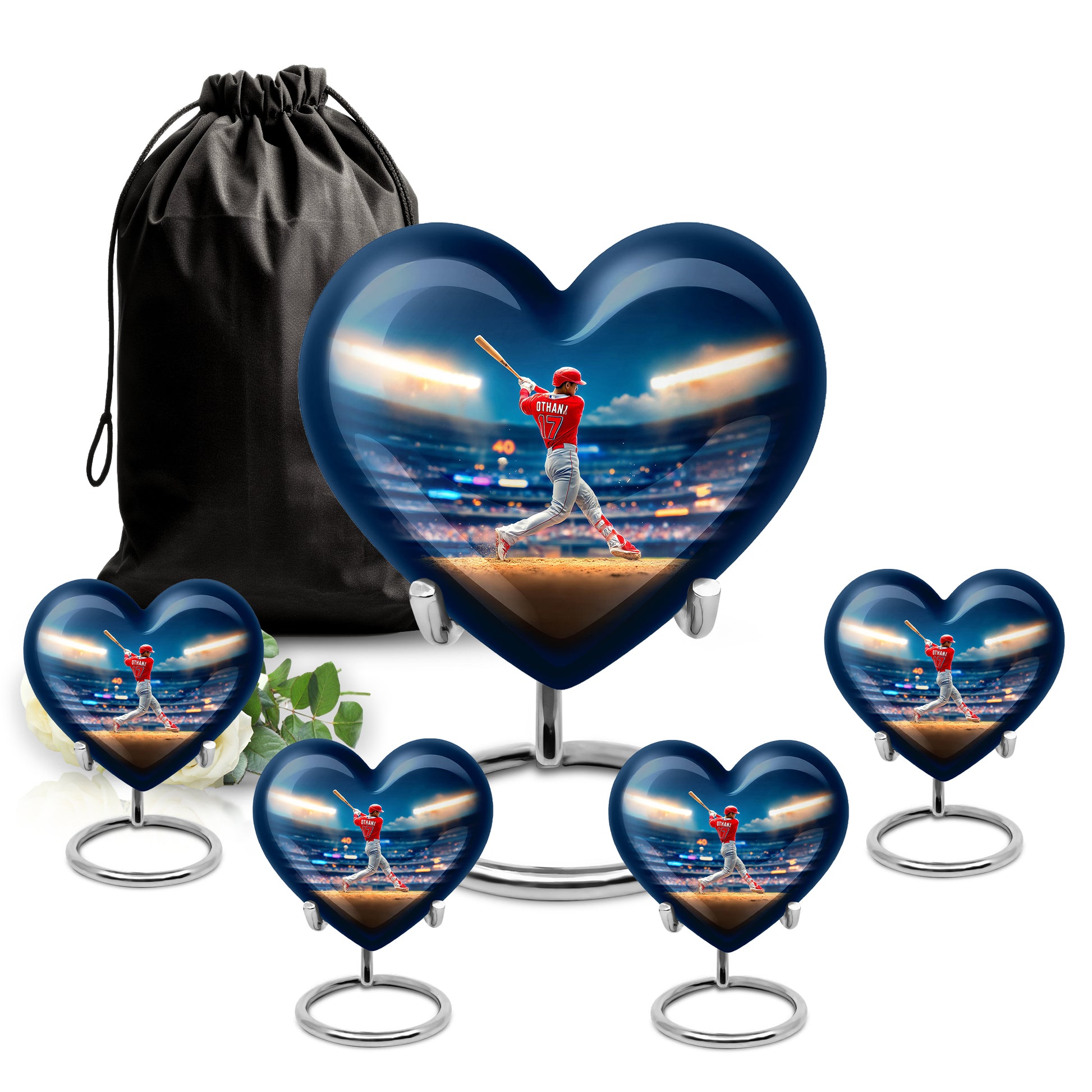 Icy Blue Baseball Cremation Urn close-up of engraving and surface detail - loving heart memorial featuring baseball pattern - memorial set with one large and four small urns
