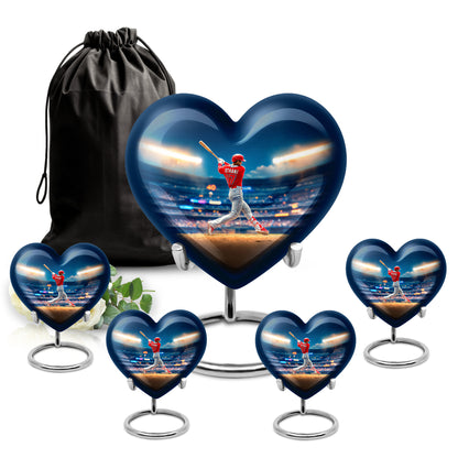 Icy Blue Baseball Cremation Urn close-up of engraving and surface detail - loving heart memorial featuring baseball pattern - memorial set with one large and four small urns