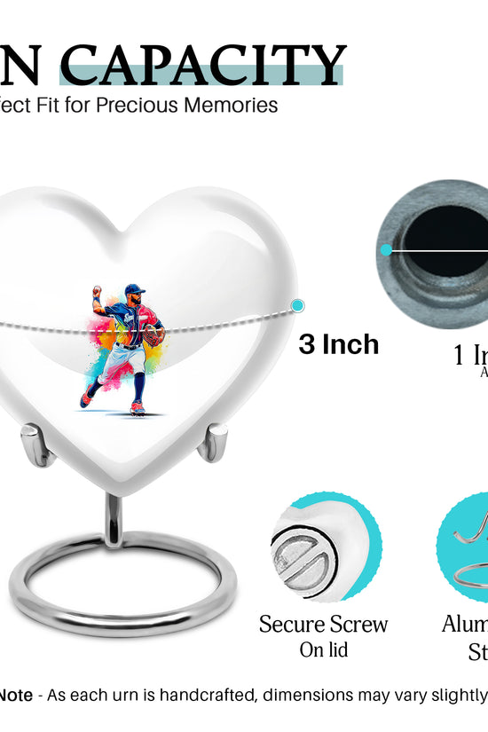 Snow White Baseball Cremation Urn front view showing detailed design - heart-shaped baseball design symbolizing eternal love - mini keepsake memorial for portion of cremation ashes