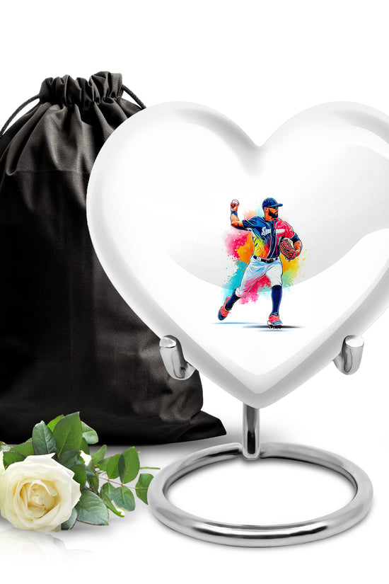 Silk White Baseball Cremation Urn detail view - compassionate heart-baseball combination with gentle curves - full-size 10 inch 200 cubic inch adult cremation urn