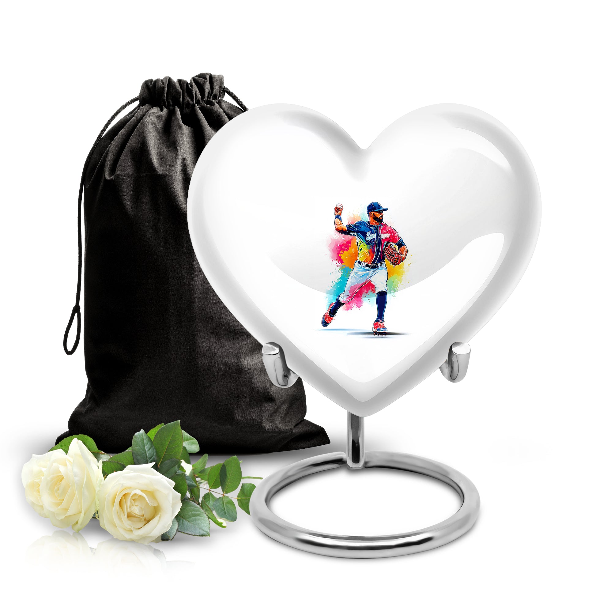 Silk White Baseball Cremation Urn detail view - compassionate heart-baseball combination with gentle curves - full-size 10 inch 200 cubic inch adult cremation urn
