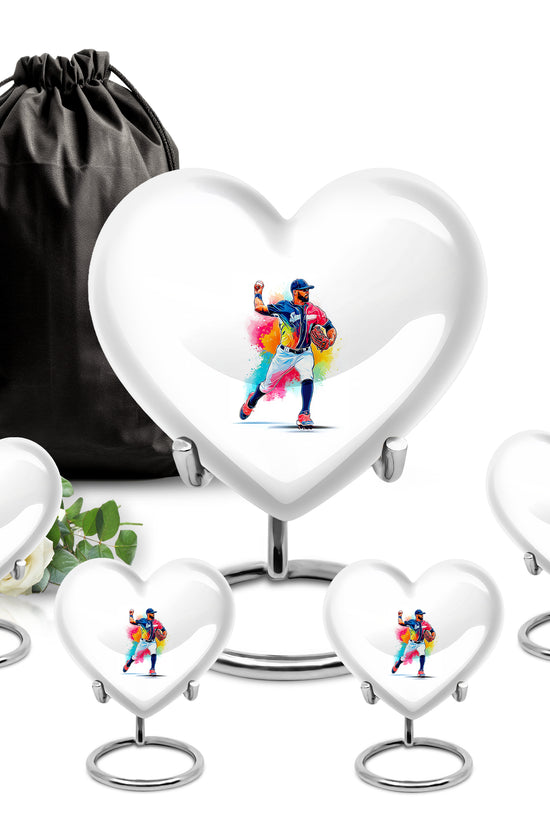 Snow White Baseball Cremation Urn close-up of engraving and surface detail - loving heart memorial featuring baseball pattern - memorial set with one large and four small urns