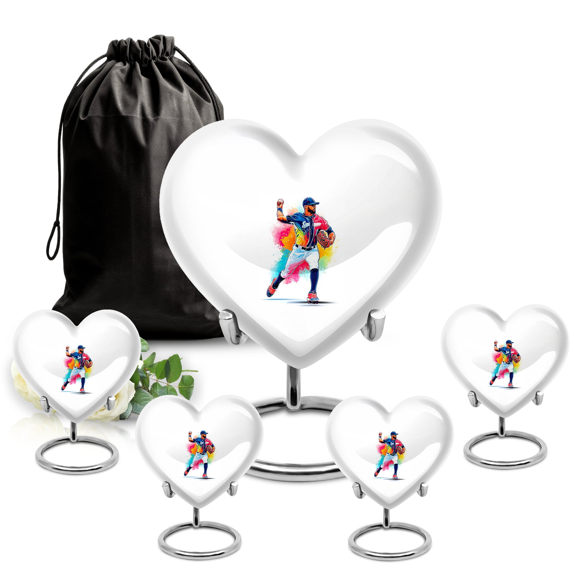 Snow White Baseball Cremation Urn close-up of engraving and surface detail - loving heart memorial featuring baseball pattern - memorial set with one large and four small urns