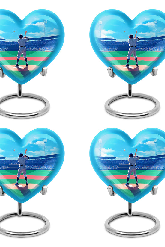 Calming Blue Baseball Cremation Urn angled view of lid and engraved motif - romantic heart urn with baseball motif on aluminum - 10 inch aluminum urn for cremated remains